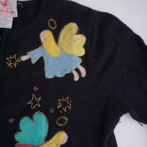 Vintage Quacker Factory Black Wool Cardigan Angel Applique Angelcore Boho M - Picture 5 of 11